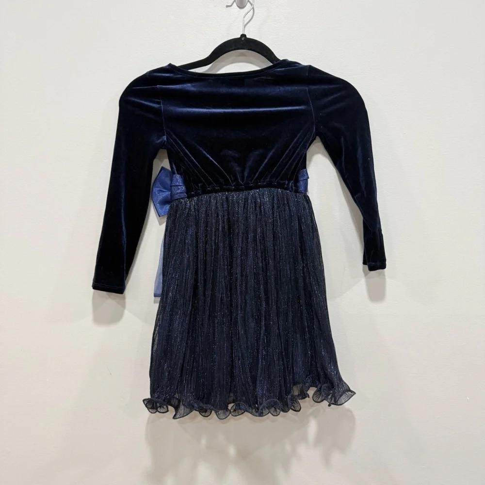 Bonnie Jean Girls Navy Velvet Glitter Tulle Dress w/ Bow Holiday Christmas 6 - Picture 4 of 5